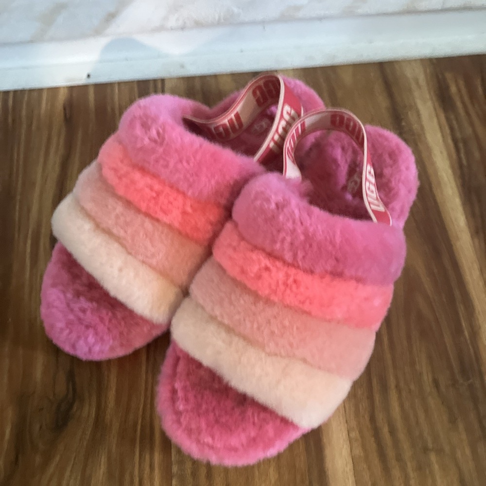 Ugg Womens Fluff Yeah Slide Fuzzy Sandal Slippers Size 10 Multicolor Pink Stripe